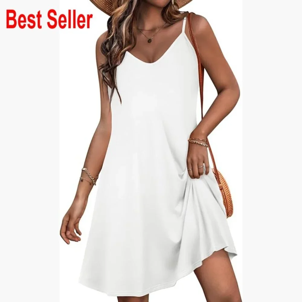 Cotton Blend Spaghetti Strap Sundress with Pockets Loose Fit